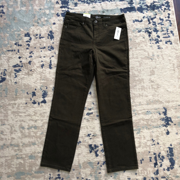 Style&Co Rail Straight Leg Embroidered Olive Jeans - Picture 3 of 8